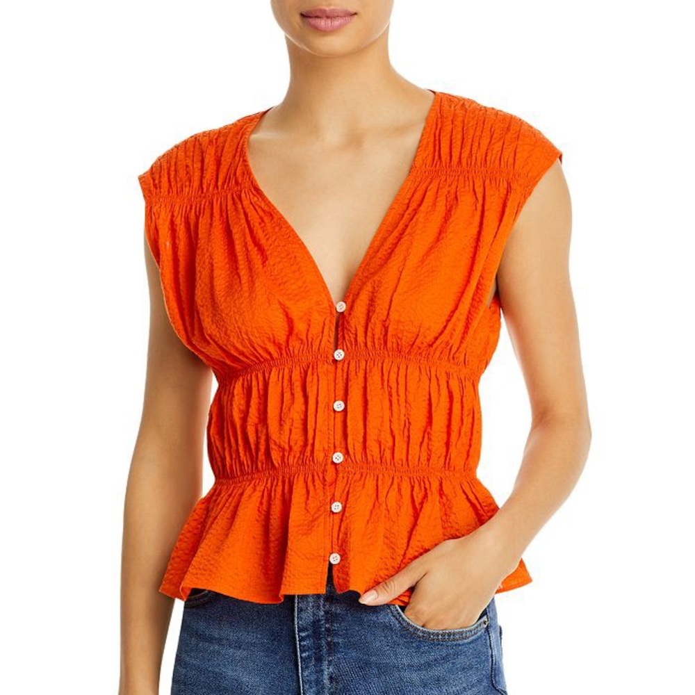 FRAME Ruched Cotton V-Neck Sleeveless Blouse